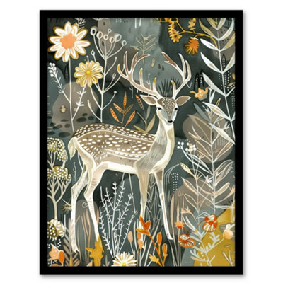 Artery8 Deer In Autumn Forest Wildflowers Animal Folk Art Wall Art PrintA4 Size from B&Q