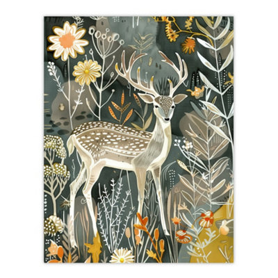 Artery8 Unframed Wall Art Deer In Autumn Forest Wildflowers Animal Folk12X16 Inch from B&Q