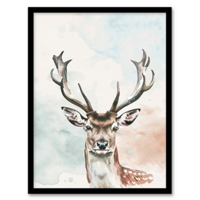 Artery8 Framed Wall Art Stag Head Portrait Modern Watercolour Pastel Print12X16 Inch from B&Q