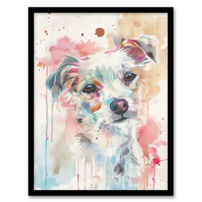 Artery8 Framed Wall Art Dog Lover Watercolour Portrait Pink Light Pastel Print12X16 Inch from B&Q