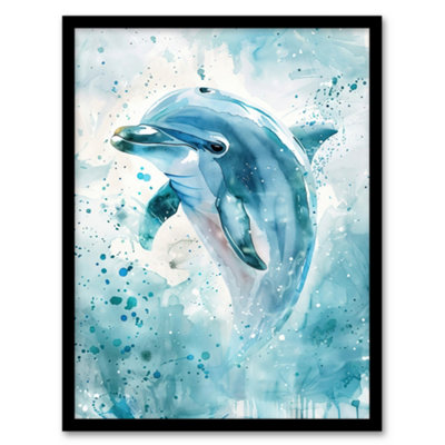 Artery8 Framed Wall Art Dolphin Wave Jump Watercolour Light Blue Sea Print12X16 Inch from B&Q