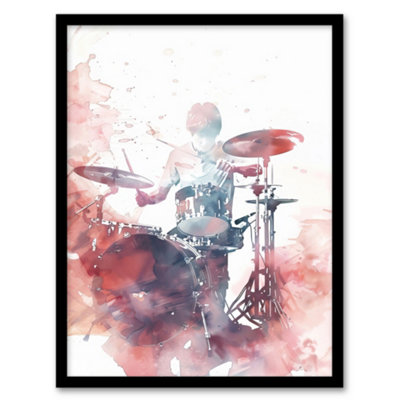 Artery8 Framed Wall Art Drummer Playing Drums Set Modern Watercolour Red Print12X16 Inch from B&Q