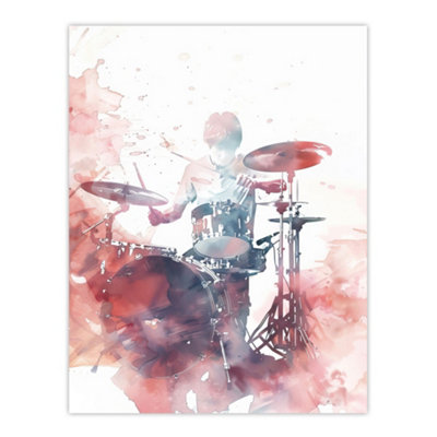 Artery8 Unframed Wall Art Drummer Playing Drums Set Modern Watercolour Red12X16 Inch from B&Q