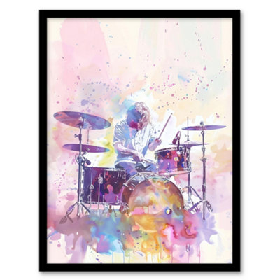 Artery8 Rainbow Modern Watercolour Portrait Drummer Drums Wall Art PrintA4 Size from B&Q