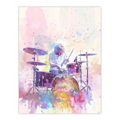 Artery8 Unframed Wall Art Rainbow Modern Watercolour Portrait Drummer Drums12X16 Inch from B&Q