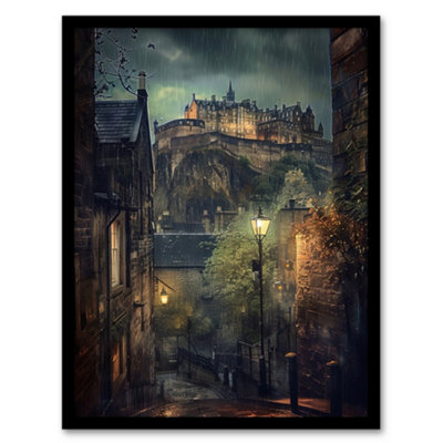 B&Q -  Edinburgh Castle Atmospheric Scotland Night Rain Wall Art PrintA4 Size