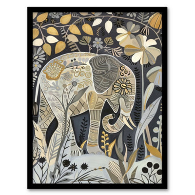 Artery8 Elephant Flowers Artwork Quirky Floral Folk Art Wall Art PrintA4 Size from B&Q