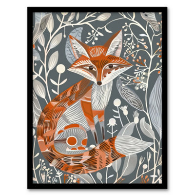 Artery8 Framed Wall Art Woodland Fox Folk Art Grey Rustic Wildflowers Print12X16 Inch from B&Q