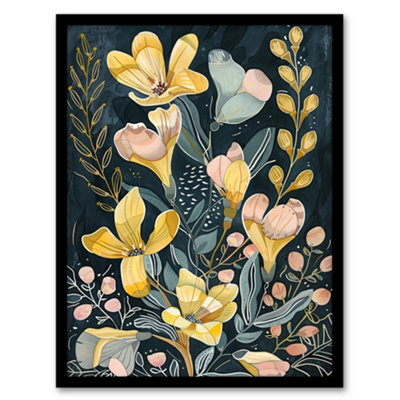 B&Q -  Framed Wall Art Ochre Freesia Flowers Painting Dark Wildflowers Print12X16 Inch