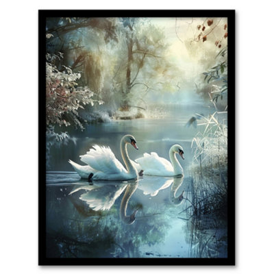 Artery8 Framed Wall Art Graceful Swans Tranquil Winter Lake Painting Print12X16 Inch from B&Q