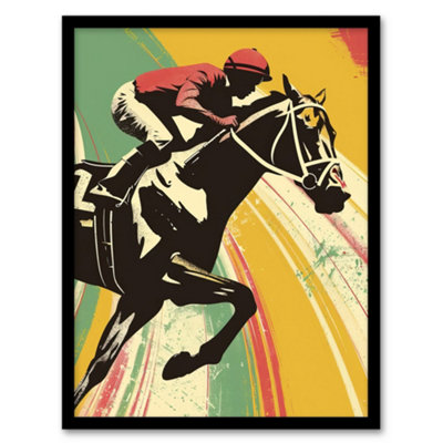 Artery8 Jockey On Race Horse Artwork Bold Colourful Pop Wall Art PrintA4 Size from B&Q