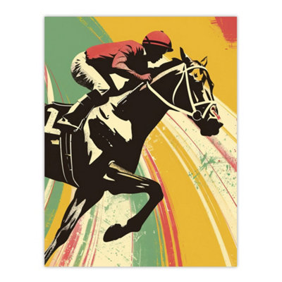 Artery8 Unframed Wall Art Jockey On Race Horse Artwork Bold Colourful Pop12X16 Inch from B&Q