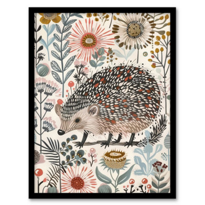 Artery8 Hedgehog Flowers Artwork Rustic Woodland Floral Wall Art PrintA4 Size from B&Q