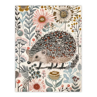 Artery8 Unframed Wall Art Hedgehog Flowers Artwork Rustic Woodland Floral12X16 Inch from B&Q