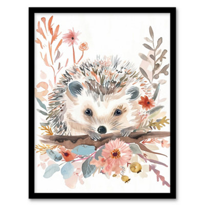 Artery8 Hedgehog In Wildflowers Modern Watercolour Pastel Wall Art PrintA4 Size from B&Q