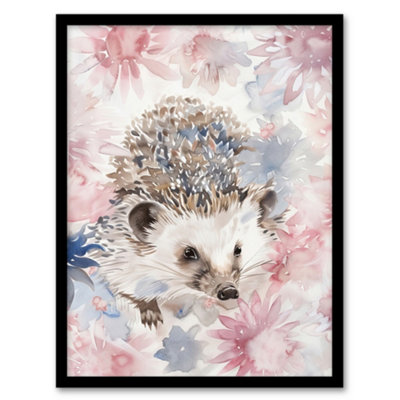 Artery8 Watercolour Hedgehog And Flowers Pink Pastel Wall Art PrintA4 Size from B&Q