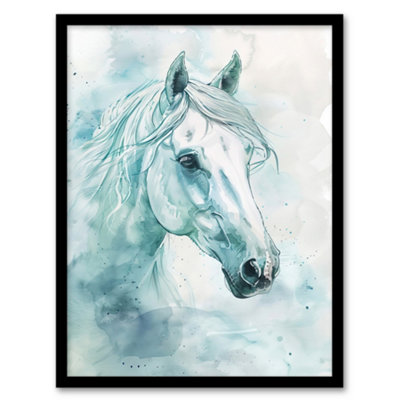 Artery8 Framed Wall Art White Horse Portrait Light Blue Watercolour Print12X16 Inch from B&Q