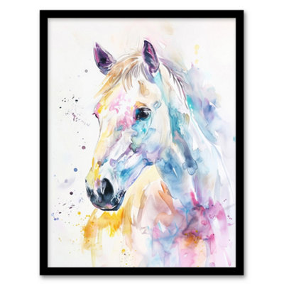 Artery8 Framed Wall Art Colourful Horse Head Portrait Modern Watercolour Print12X16 Inch from B&Q