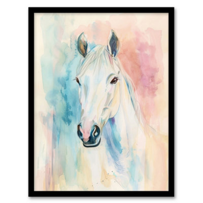 Artery8 Pastel Watercolour White Horse Head Portrait Wall Art PrintA4 Size from B&Q