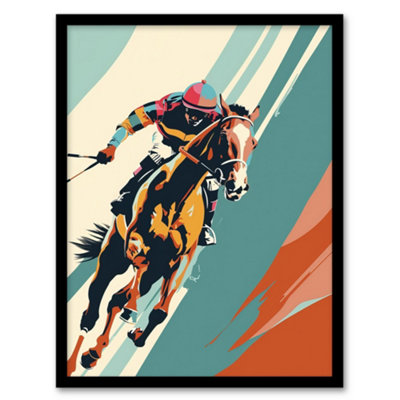 Artery8 Framed Wall Art Jockey On Racehorse Animal Race Colourful Pop Art Print12X16 Inch from B&Q