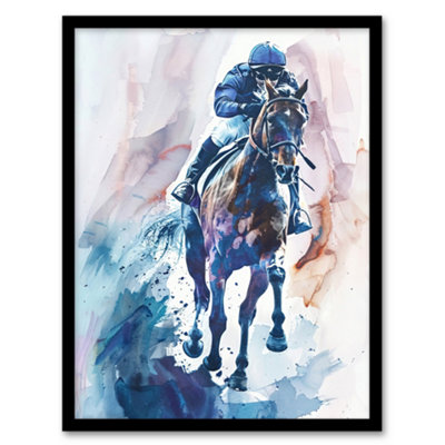 Artery8 Framed Wall Art Jockey On Racehorse Modern Watercolour Light Print12X16 Inch from B&Q