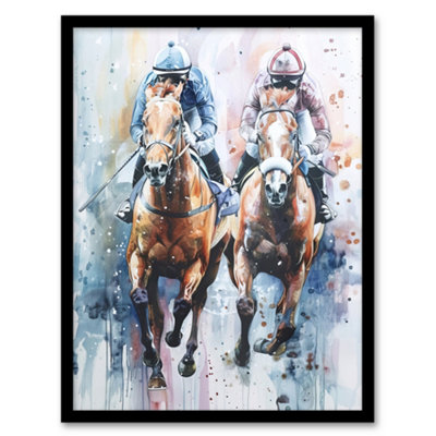 Artery8 Framed Wall Art Jockeys On Racehorses Modern Pastel Watercolour Print12X16 Inch from B&Q