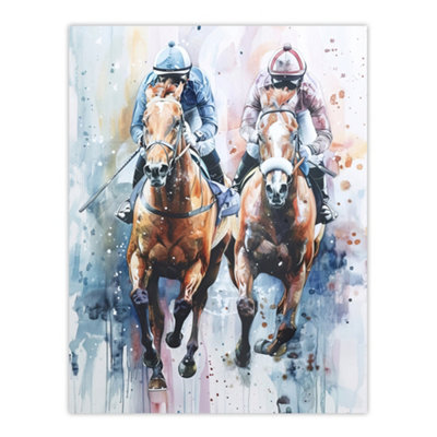 Artery8 Unframed Wall Art Jockeys On Racehorses Modern Pastel Watercolour12X16 Inch from B&Q