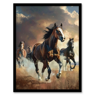 Artery8 Framed Wall Art Wild Horses Galloping Field Atmospheric Sunset Print12X16 Inch from B&Q