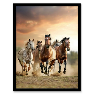 Artery8 Framed Wall Art Wild Horses Galloping Open Field Sunset Clouds Print12X16 Inch from B&Q