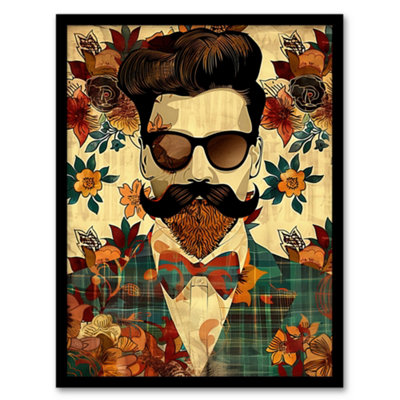 Artery8 Framed Wall Art Hipster Man Portrait Flowers Moustache Pompadour Print12X16 Inch from B&Q