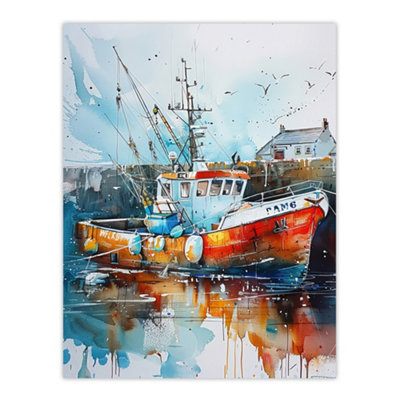 Artery8 Unframed Wall Art Fishing Boat Harbour Watercolour Classic Coastal12X16 Inch from B&Q