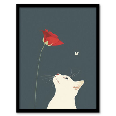Artery8 White Cat With Rose Butterfly Artwork Simple Cute Wall Art PrintA4 Size from B&Q