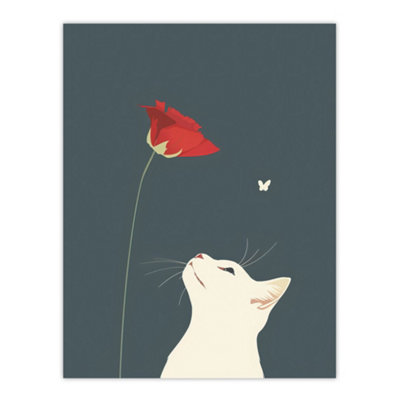 Artery8 Unframed Wall Art White Cat With Rose Butterfly Artwork Simple Cute12X16 Inch from B&Q