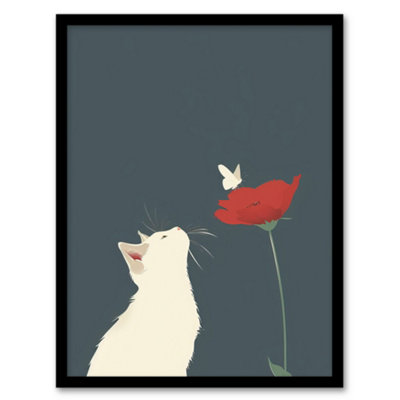 Artery8 Framed Wall Art White Kitten With Rose Butterfly Artwork Cute Print12X16 Inch from B&Q