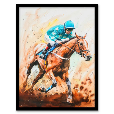 Artery8 Framed Wall Art Rider On Horse Racing Watercolour Dramatic Mud Print12X16 Inch from B&Q