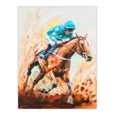 Artery8 Unframed Wall Art Rider On Horse Racing Watercolour Dramatic Mud12X16 Inch from B&Q