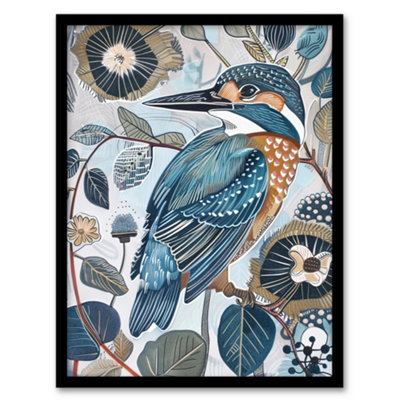 Artery8 Kingfisher Bird Wildflowers Artwork Blue Floral Wall Art PrintA4 Size from B&Q