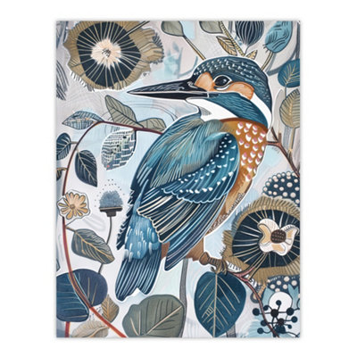 Artery8 Unframed Wall Art Kingfisher Bird Wildflowers Artwork Blue Floral12X16 Inch from B&Q