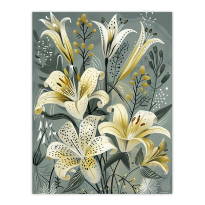 Artery8 Unframed Wall Art Elegant White Lily Bouquet Grey Gold Floral12X16 Inch from B&Q