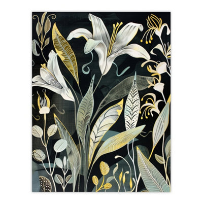 Artery8 Dark Unframed Wall Art Lily Flowers Stylised Floral Painting - 12X16 Inch