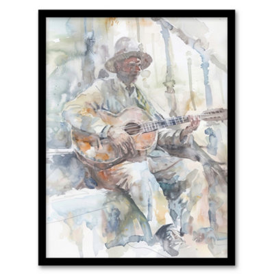Artery8 Street Musician Playing Guitar Watercolour Wall Art PrintA4 Size from B&Q