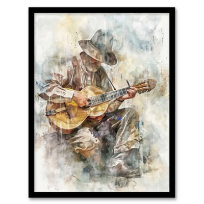 Artery8 Framed Wall Art Country Music Guitarist Watercolour Portrait Print12X16 Inch from B&Q