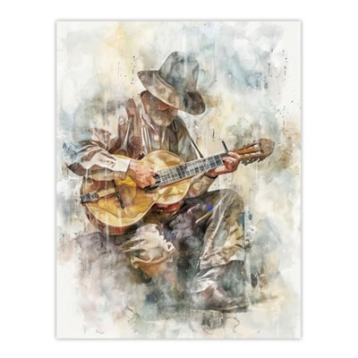 Artery8 Unframed Wall Art Country Music Guitarist Watercolour Portrait12X16 Inch from B&Q