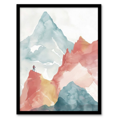 B&Q -  Framed Wall Art Mountain Climber Hiking Landscape Watercolour Print12X16 Inch