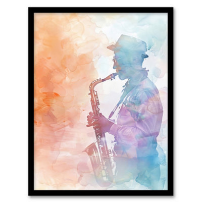 Artery8 Framed Wall Art Jazz Saxophonist Rainbow Smoke Light Watercolour Print12X16 Inch from B&Q