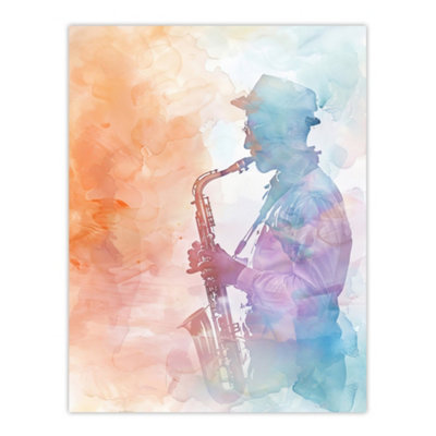Artery8 Unframed Wall Art Jazz Saxophonist Rainbow Smoke Light Watercolour12X16 Inch from B&Q