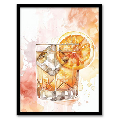 B&Q -  Framed Wall Art Classic Old Fashioned Cocktail Orange Watercolour Print12X16 Inch