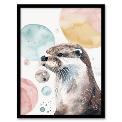 Artery8 Cute Otter Portrait Modern Watercolour Bubbles Wall Art PrintA4 Size from B&Q