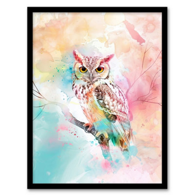 Artery8 Owl On Branch Portrait Pastel Rainbow Watercolour Wall Art PrintA4 Size from B&Q