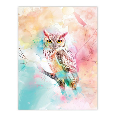Artery8 Unframed Wall Art Owl On Branch Portrait Pastel Rainbow Watercolour12X16 Inch from B&Q